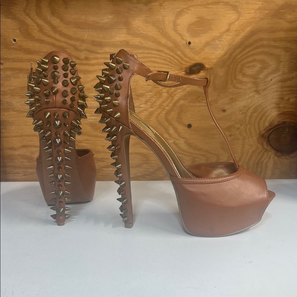 Wild Pair Tan Spiked Platform Heels